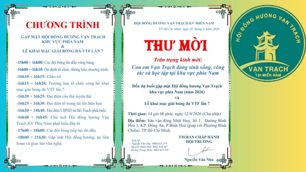 THƯ MỜI HỌP MẶT HỘI ĐỒNG HƯƠNG XÃ VẠN TRẠCH KHU VỰC PHÍA NAM NĂM 2026